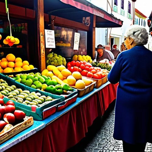 Home 15 ** A vibrant, bustling market scene in Portugal. Focus on the colorful displays of fresh fruits, vegetables, cheeses, and flowers. Include people of different generations interacting – a grandmother teaching her grandchild about selecting produce. Capture the sensory overload of sights, smells, and sounds.
**