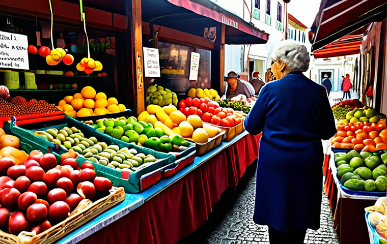 ** A vibrant, bustling market scene in Portugal. Focus on the colorful displays of fresh fruits, vegetables, cheeses, and flowers. Include people of different generations interacting – a grandmother teaching her grandchild about selecting produce. Capture the sensory overload of sights, smells, and sounds.
**