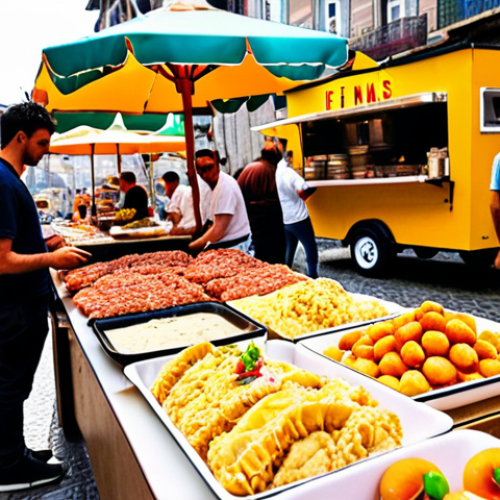 Home 14 **
A vibrant and bustling street food festival in Porto, Portugal. Focus on a colorful array of food trucks and stalls offering diverse gourmet dishes, from bifanas to artisanal ice cream. Capture the lively atmosphere with people enjoying the food and interacting with the vendors. Instagram-worthy shots of the food are being taken. Use a warm color palette and shallow depth of field to highlight the food and create a sense of energy.
**