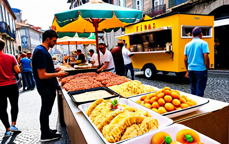 **
A vibrant and bustling street food festival in Porto, Portugal. Focus on a colorful array of food trucks and stalls offering diverse gourmet dishes, from bifanas to artisanal ice cream. Capture the lively atmosphere with people enjoying the food and interacting with the vendors. Instagram-worthy shots of the food are being taken. Use a warm color palette and shallow depth of field to highlight the food and create a sense of energy.
**