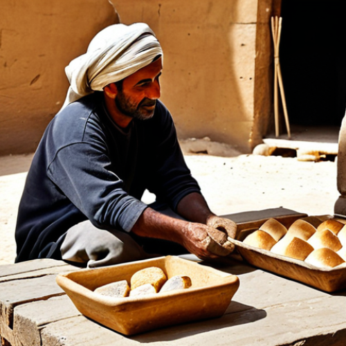 Home 7 **Prompt for "Corações de Pão: O Alimento Basilar de Uma Civilização" (Daily Life):**
A humble ancient Egyptian baker, a man of strong build, meticulously tending to fresh loaves of bread in a sun-drenched, rustic mud-brick bakery. He wears simple, fully clothed, modest linen attire and a basic head covering, appropriate for daily work. In the background, a large clay oven glows warmly, and piles of dense, freshly baked bread are visible on a wooden table. Nearby, a sturdy clay pot filled with thick, low-alcohol beer stands, representing the daily "liquid bread." The scene emphasizes the simplicity and diligence of ancient Egyptian daily life, with natural lighting and a realistic, documentary style. Perfect anatomy, correct proportions, natural pose, well-formed hands, proper finger count, natural body proportions. Safe for work, appropriate content, fully clothed, family-friendly.