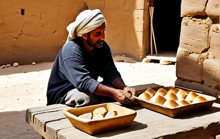**Prompt for "Corações de Pão: O Alimento Basilar de Uma Civilização" (Daily Life):**
A humble ancient Egyptian baker, a man of strong build, meticulously tending to fresh loaves of bread in a sun-drenched, rustic mud-brick bakery. He wears simple, fully clothed, modest linen attire and a basic head covering, appropriate for daily work. In the background, a large clay oven glows warmly, and piles of dense, freshly baked bread are visible on a wooden table. Nearby, a sturdy clay pot filled with thick, low-alcohol beer stands, representing the daily "liquid bread." The scene emphasizes the simplicity and diligence of ancient Egyptian daily life, with natural lighting and a realistic, documentary style. Perfect anatomy, correct proportions, natural pose, well-formed hands, proper finger count, natural body proportions. Safe for work, appropriate content, fully clothed, family-friendly.