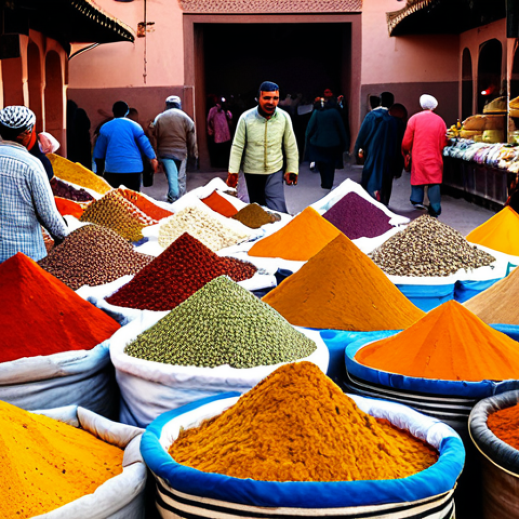 음식 역사에서의 향신료의 중요성 - Spice Market Scene**
"A vibrant and bustling spice market in Marrakech, Morocco. Sacks overflowing ...