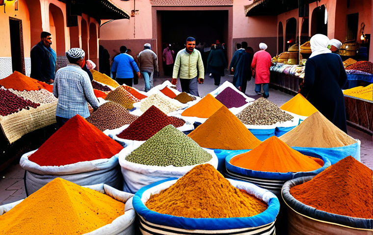 음식 역사에서의 향신료의 중요성 - Spice Market Scene**
"A vibrant and bustling spice market in Marrakech, Morocco. Sacks overflowing ...