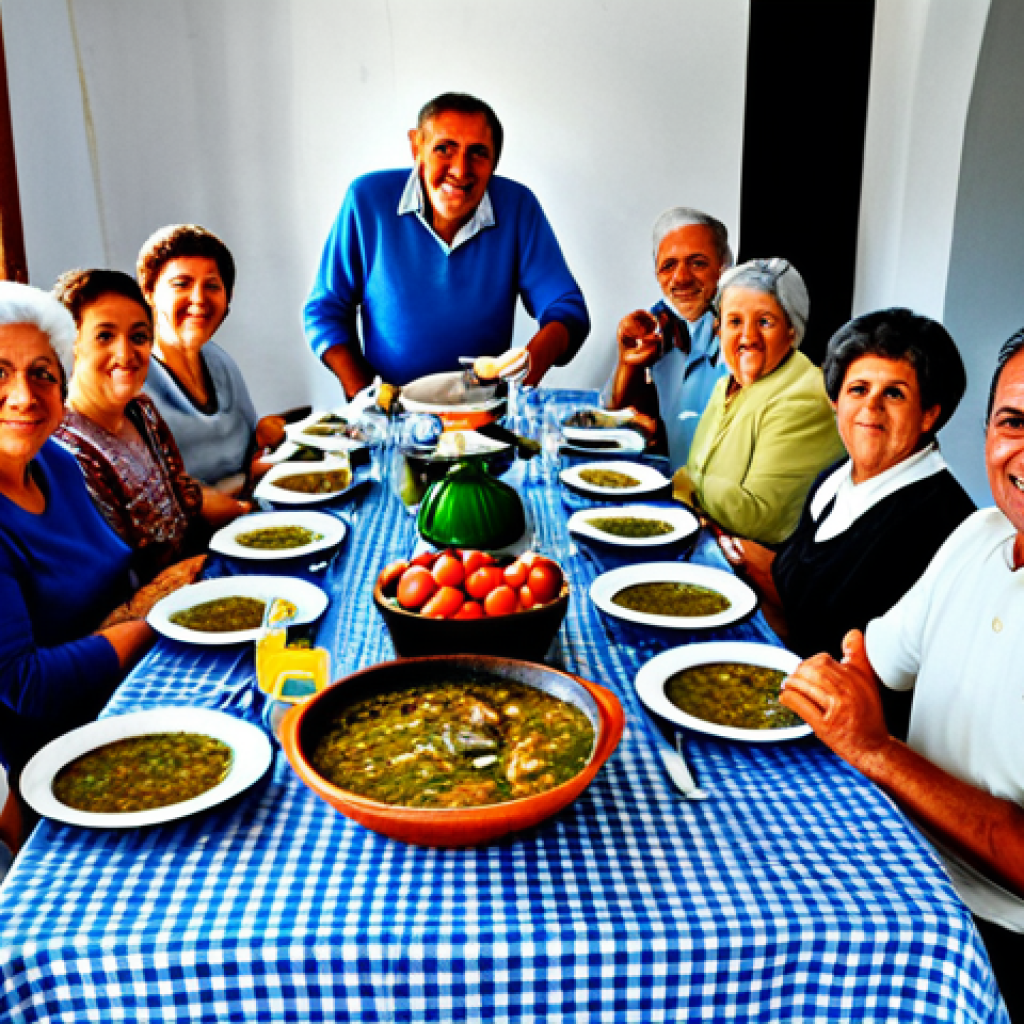 음식 역사 속의 유산과 계승 - Traditional Portuguese Family Meal**
"A multi-generational Portuguese family gathered around a larg...