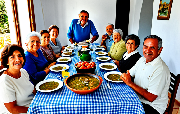 음식 역사 속의 유산과 계승 - Traditional Portuguese Family Meal**
"A multi-generational Portuguese family gathered around a larg...