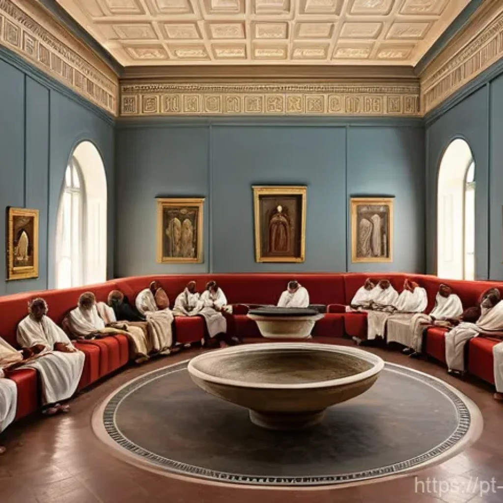 고대 그리스의 식사 예절 - **Prompt Title: Ancient Greek Symposium of Philosophers**
"A scene depicting an intimate ancient...