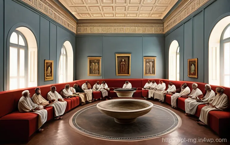 고대 그리스의 식사 예절 - **Prompt Title: Ancient Greek Symposium of Philosophers**
"A scene depicting an intimate ancient...