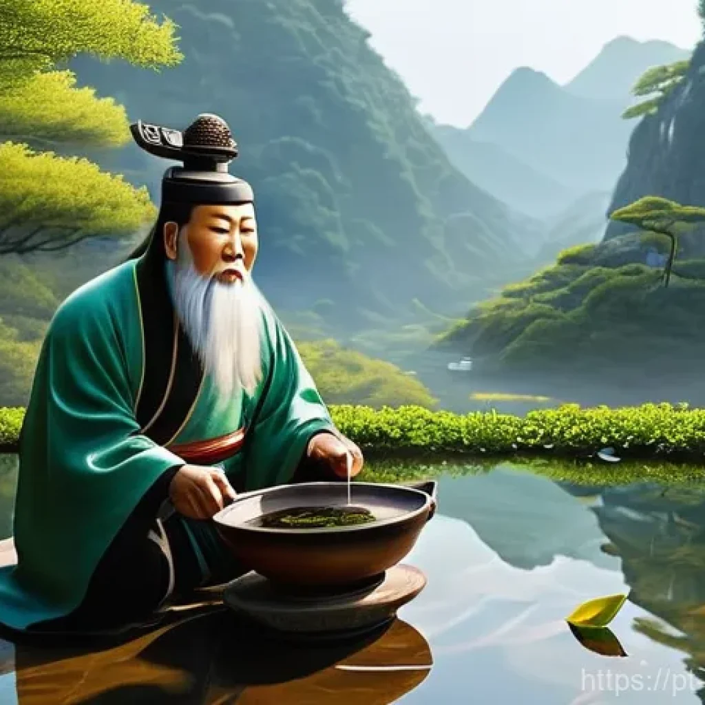 세계 전통 차 문화의 역사 - **Prompt 1: The Legendary Discovery of Tea by Emperor Shen Nung**
"An ancient Chinese landscape ...