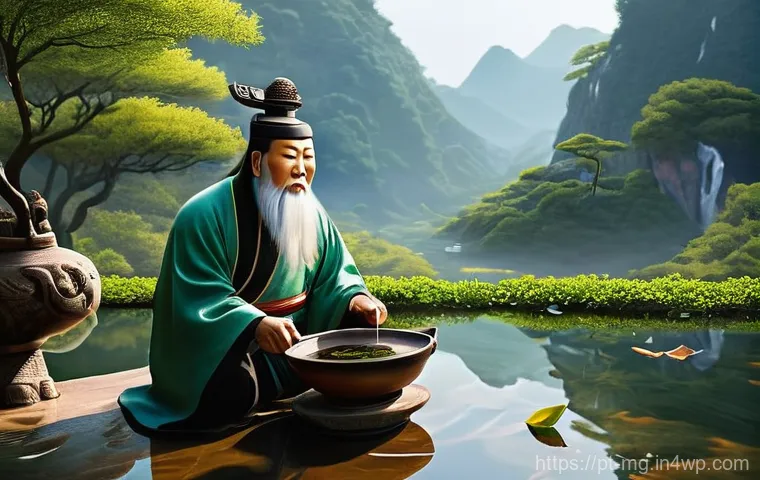 세계 전통 차 문화의 역사 - **Prompt 1: The Legendary Discovery of Tea by Emperor Shen Nung**
"An ancient Chinese landscape ...