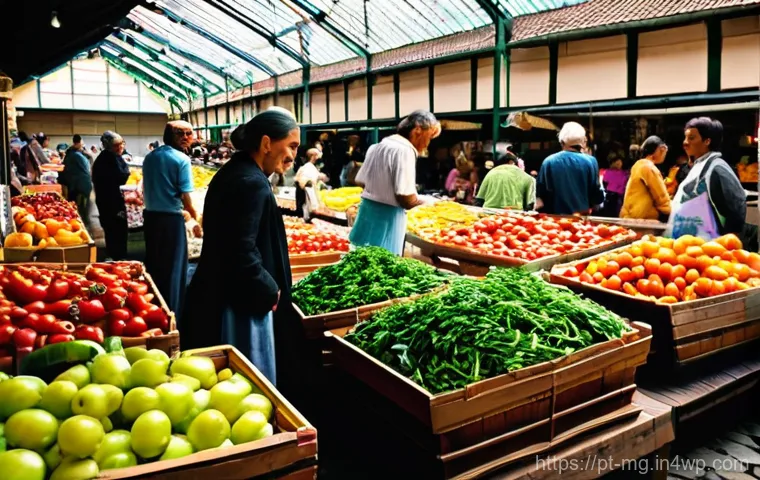 각국의 전통 시장 역사 - **Vibrant Traditional Portuguese Market Scene:**
An atmospheric wide shot of a bustling traditio...