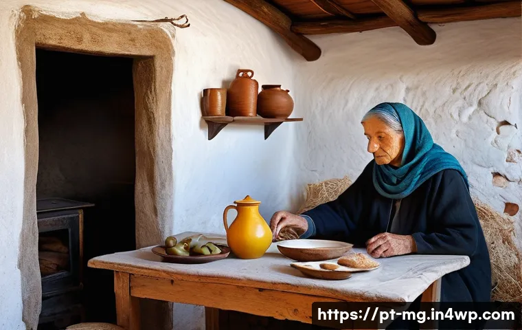 음식 역사에서의 식사 시간 변화 - **Prompt Title: Rural Dawn and Grandparents' Humble Table**
"An oil painting depicting a serene,...