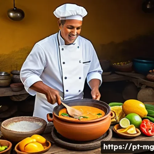 Home 29 전통 요리법의 역사적 기원 - A vibrant traditional Brazilian kitchen scene depicting a skilled chef preparing Moqueca Baiana in a...