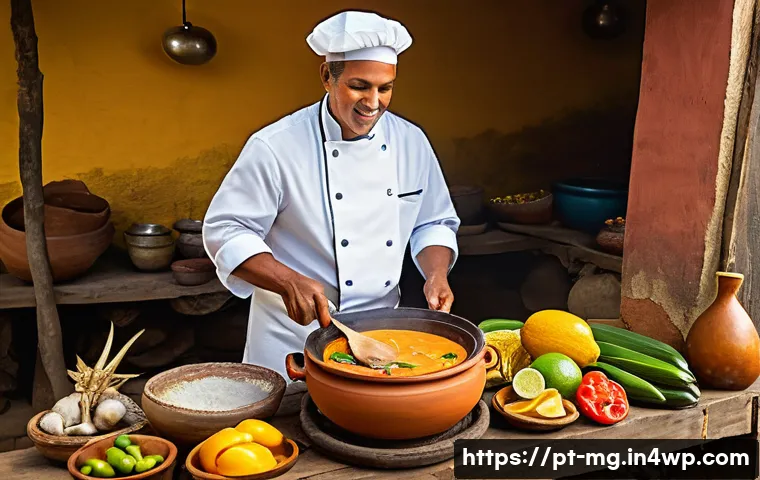 전통 요리법의 역사적 기원 - A vibrant traditional Brazilian kitchen scene depicting a skilled chef preparing Moqueca Baiana in a...