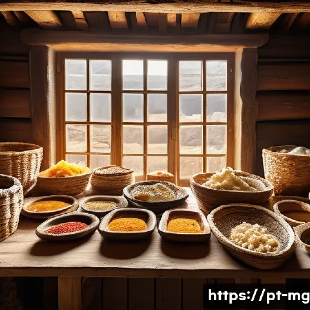 음식 역사 속의 보존 기술 - A vibrant Portuguese kitchen scene showcasing traditional food preservation methods: a rustic wooden...