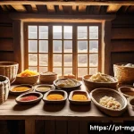 Home 16 음식 역사 속의 보존 기술 - A vibrant Portuguese kitchen scene showcasing traditional food preservation methods: a rustic wooden...