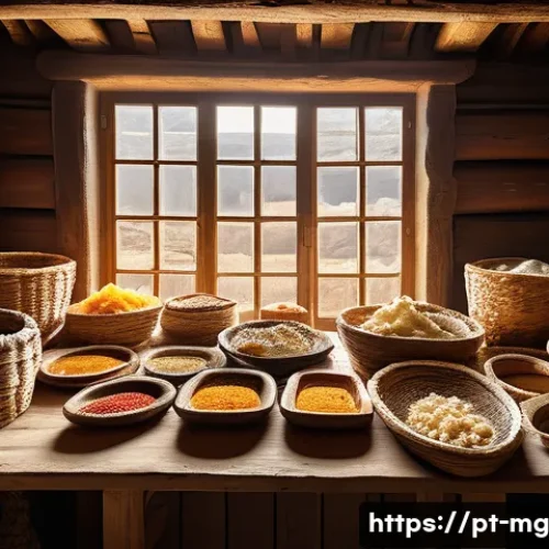 Home 28 음식 역사 속의 보존 기술 - A vibrant Portuguese kitchen scene showcasing traditional food preservation methods: a rustic wooden...