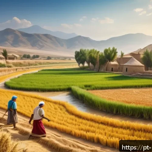 Home 15 고대 문헌에 나타난 음식 이야기 - A detailed scene of an ancient agricultural village in the Fertile Crescent, showing early farmers h...