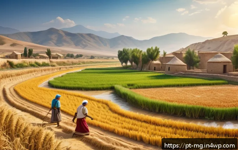 고대 문헌에 나타난 음식 이야기 - A detailed scene of an ancient agricultural village in the Fertile Crescent, showing early farmers h...