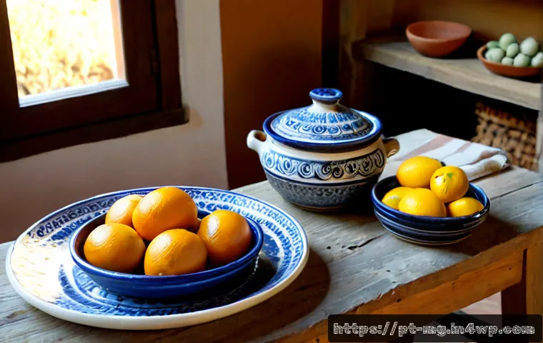 Home 17 전국의 도자기와 음식 역사 - Photorealistic museum-style still life celebrating Portugal’s pottery and culinary heritage: handmad...